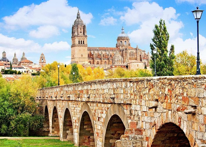 Roman bridge Salamanca Salamanca skyline with New Cathedral and Roman bridge, Madrid ... photo