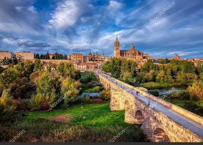 Roman bridge Salamanca Aerial View Salamanca Cathedral Background Roman Bridge Foreground ... photo