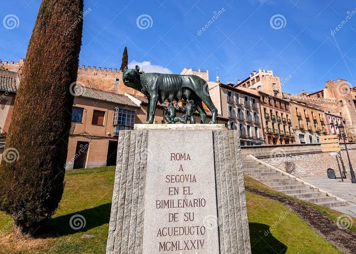 Loba Capitolina Monument The Capitoline Wolf Statue Under the Roman Aqueduct in Segovia ... photo